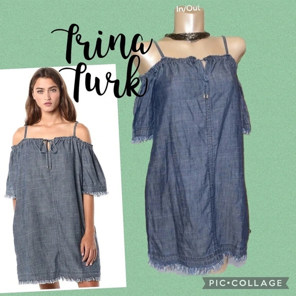 Trina Turk Women Dress xs 0 2 mini Jean denim fringe Chill Crosshatch blue basic - Picture 1 of 9